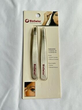 NWT BioSwiss Silver Stainless Steel Tweezer Set - Pointed & Slanted Tips